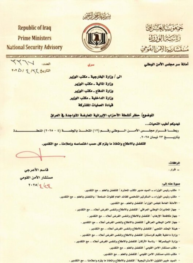 بالوثائق.. العراق يحظر جميع أنشطة الأحزاب المناوئة للجمهورية الإسلامية الإيرانية
